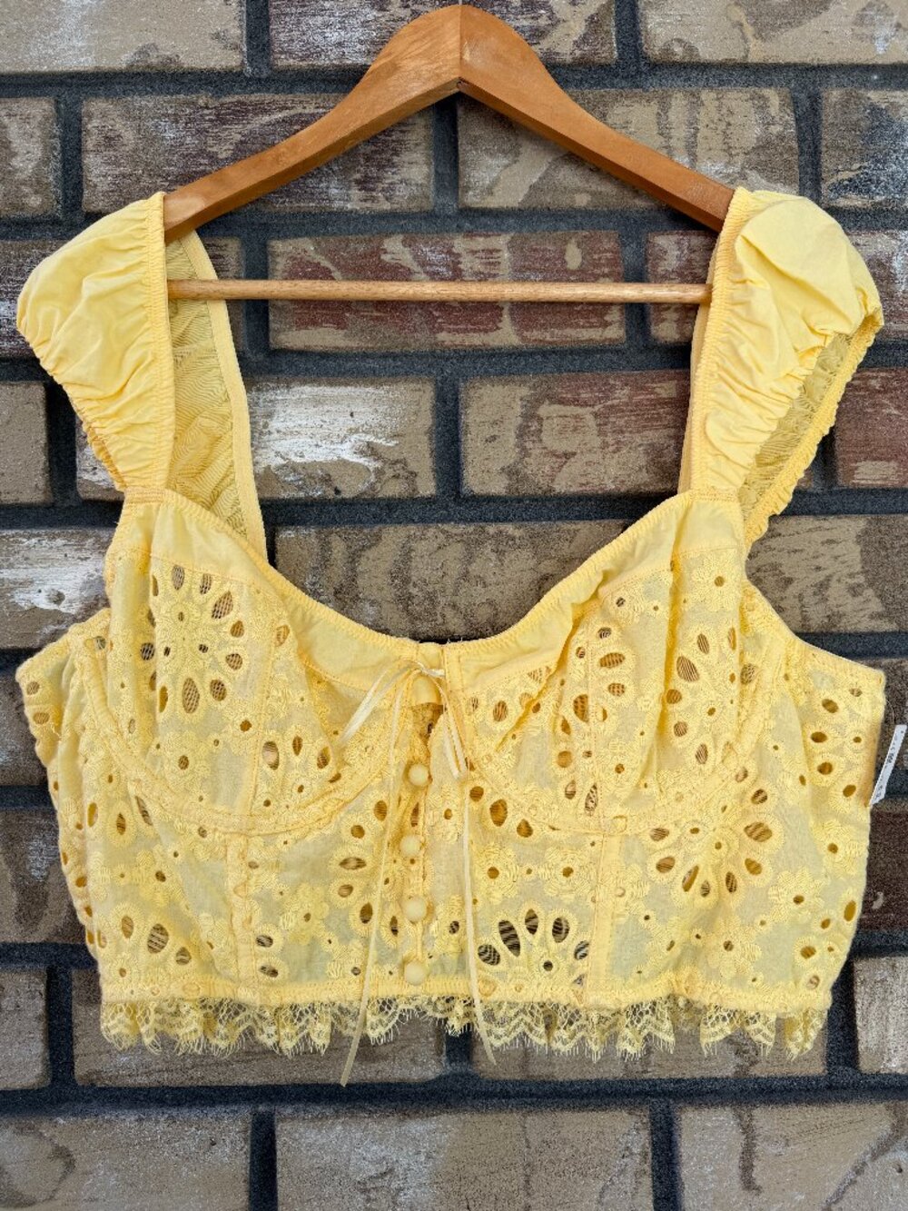 By Anthropologie Eyelet Ruffle Crop Top Bustier in Pineapple Yellow XL NWT - Picture 2 of 14